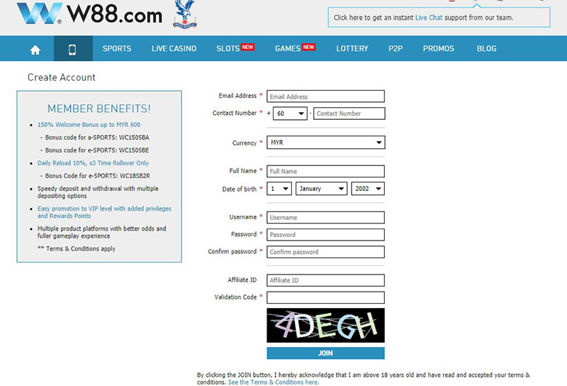 Complete W88 account registration information