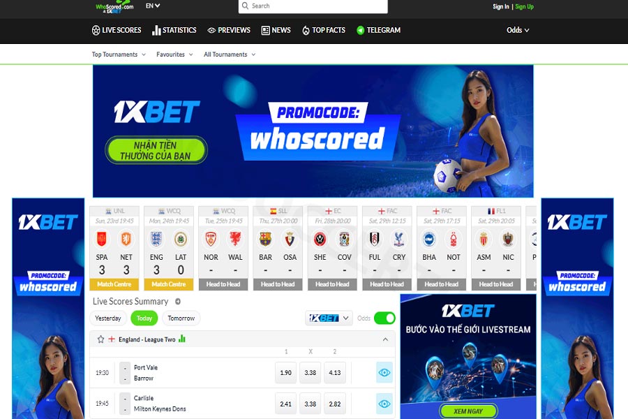 Whoscored analyzes players, teams and tactics, and offers betting support