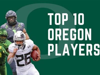 A collage of legendary Oregon Ducks football players through the years