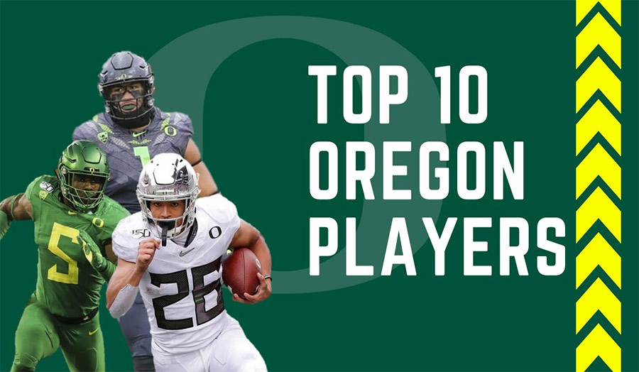 A collage of legendary Oregon Ducks football players through the years